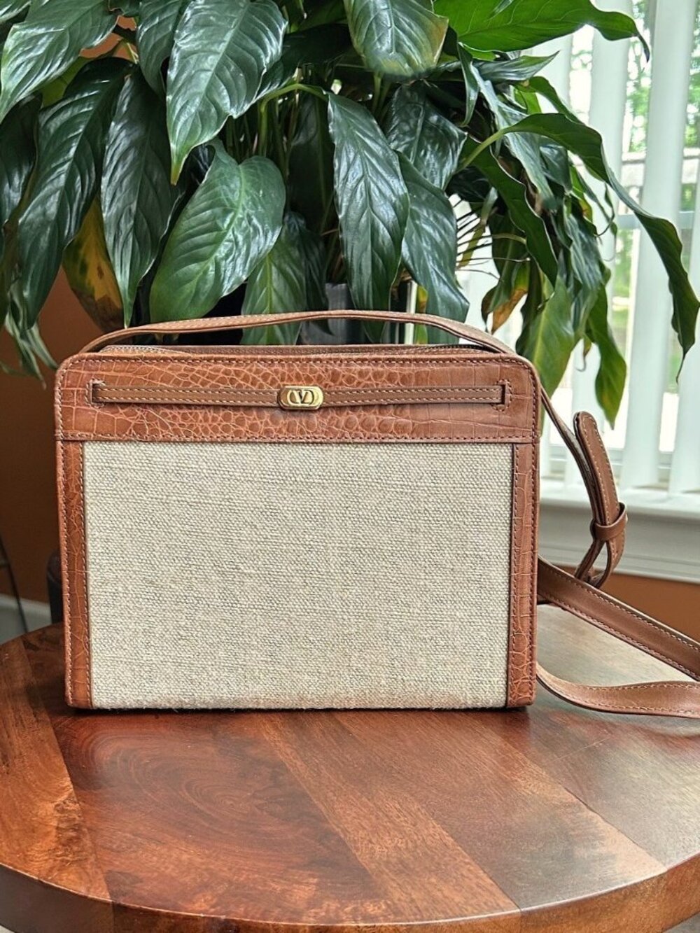 VALENTINO GARAVANI Linen Calfskin Shoulder Bag, Saddle Brown and Natural
